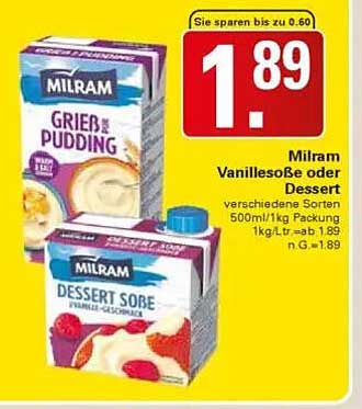 Milram Vanillesoße oder Dessert 500ml/1kg Packung für 1,89 €