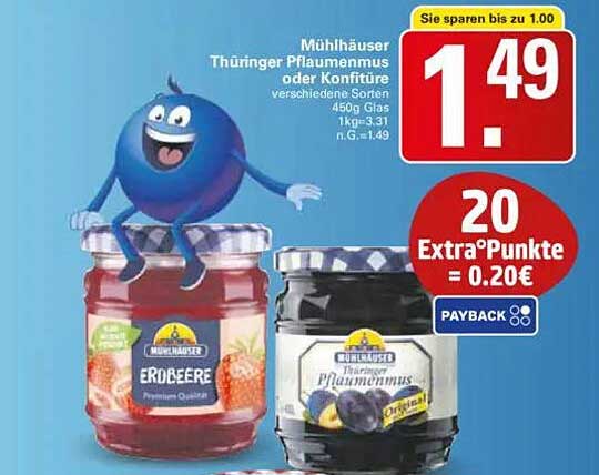 Mühlhäuser Thüringer Pflaumenmus oder Konfitüre 450g