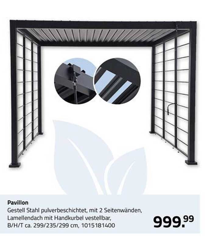 Pavillon - Gestell Stahl pulverbeschichtet, mit 2 Seitenwänden, Lamellendach mit Handkurbel verstellbar