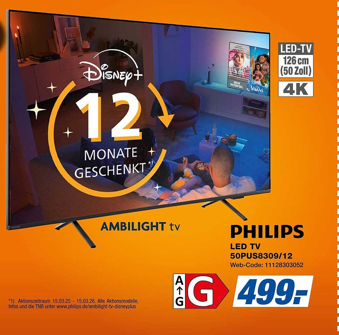 Philips LED TV 126 cm (50 Zoll) 4K mit 12 Monaten Disney+ geschenkt