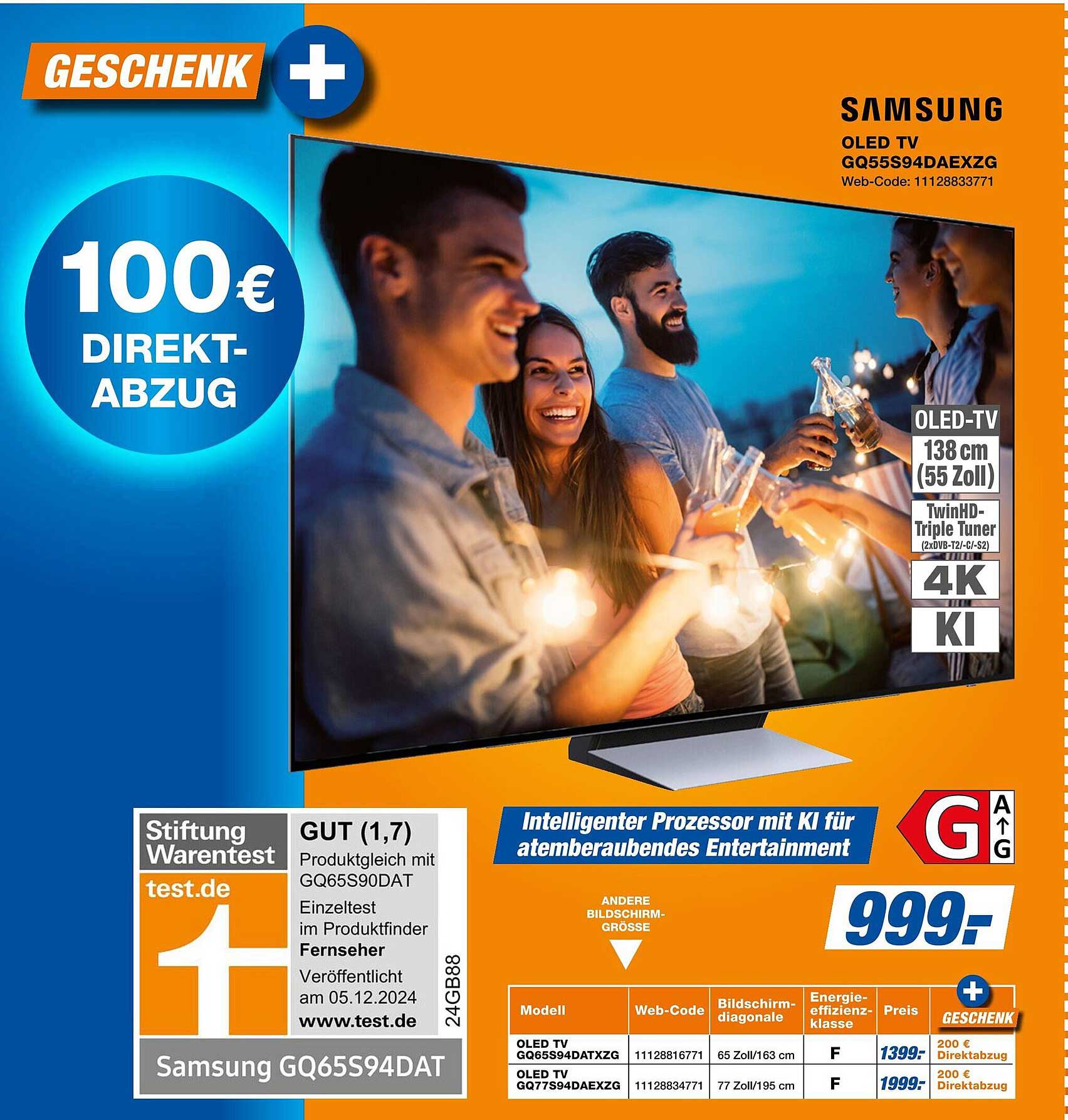 Samsung OLED TV GQ65594DAEXZG – 55 Zoll (138 cm) mit 100 € Direktabzug