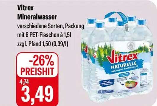 Vitrex Mineralwasser, verschiedene Sorten, 6 PET-Flaschen à 1,5l