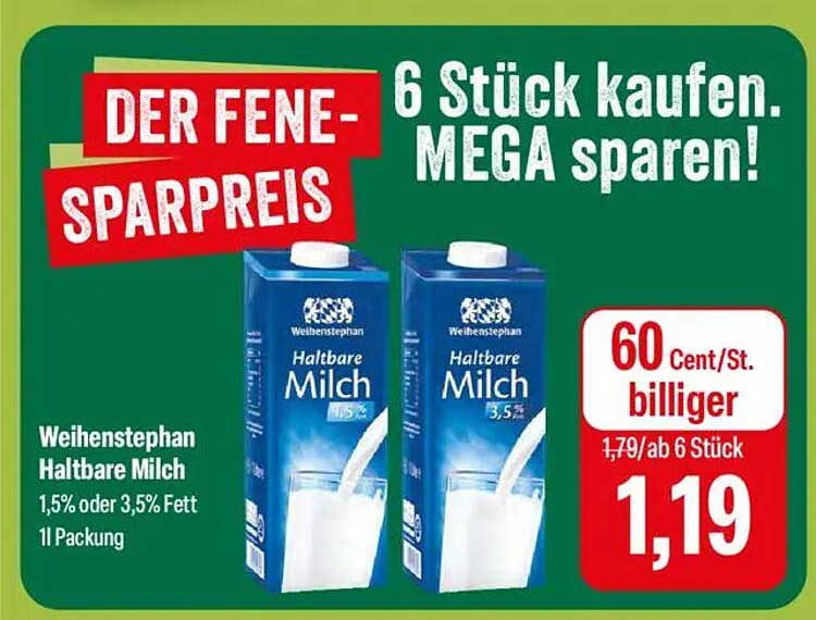 Weihenstephan Haltbare Milch 1,5% oder 3,5% Fett 1l Packung