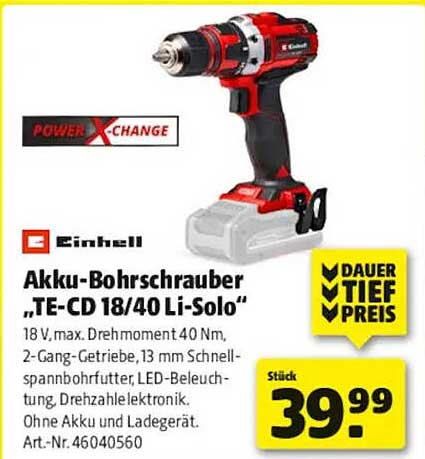Akku-Bohrschrauber „TE-CD 18/40 Li-Solo“