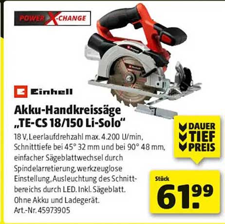 Akku-Handkreissäge „TE-CS 18/150 Li-Solo“