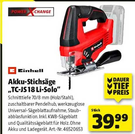 Einhell Akku-Stichsäge „TC-JS 18 Li-Solo“