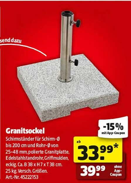 Granitsockel Schirmständer für Schirm-Ø bis 200 mm und Rohr-Ø von 25-48 mm, polierte Granitplatte, Edelstahlständerrohr, Griffmulden, eckig. Ca. B 38 x T 37 x H 38 cm. 25 kg. Versch. Größen. Art.-Nr. 45222153