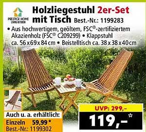 Holzliegestuhl 2er-Set mit Tisch