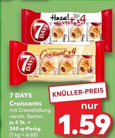 7 DAYS Croissants mit Cremefüllung, versch. Sorten, je 4 St. = 240-g-Packg. (1 kg = 6.63)