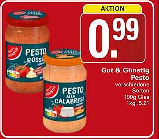 AKTION Gut & Günstig Pesto verschiedene Sorten 190g Glas 1kg=5,21