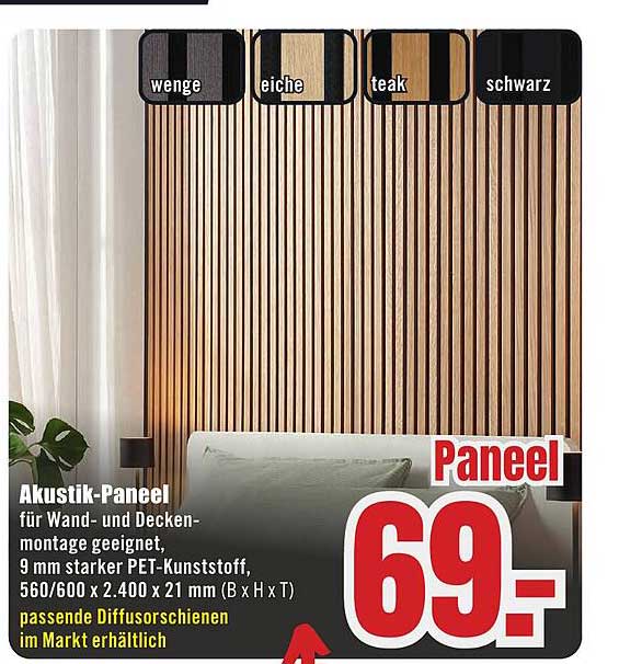 Akustik-Panel für Wand- und Deckenmontage geeignet, 9 mm starker PET-Kunststoff, 560/600 x 2.400 x 21 mm (B x H x T)