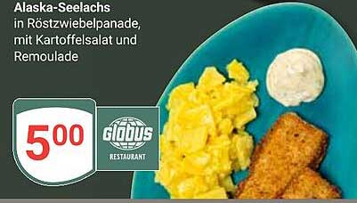 Alaska-Seelachs in Röstzwiebelpanade, mit Kartoffelsalat und Remoulade