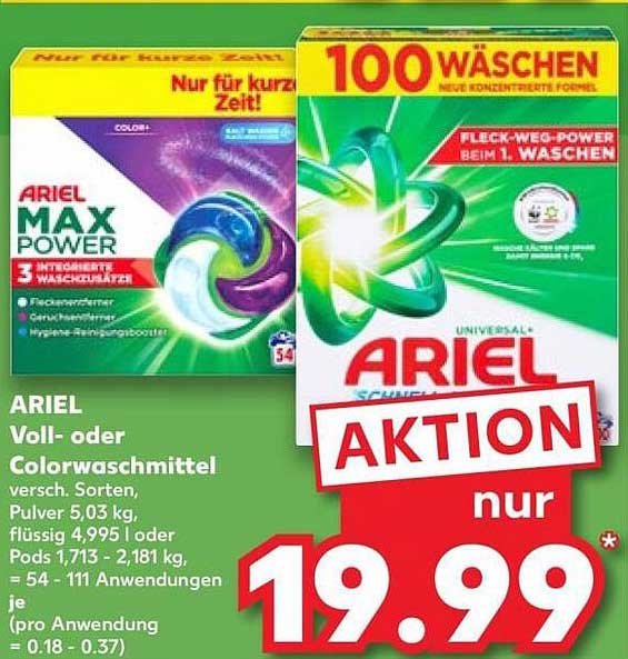 ARIEL Voll- oder Colorwaschmittel versch. Sorten, Pulver 5,03 kg, flüssig 4,995 l oder Pods 1,713 - 2,181 kg, = 54 - 111 Anwendungen je (pro Anwendung = 0.18 - 0.37)