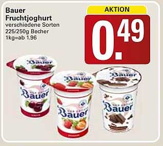 Bauer Fruchtjoghurt verschiedene Sorten 225/250g Becher 1kg=ab 1.96