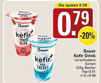 Bauer Kefir Drink verschiedene Sorten 225g Becher 1kg=3.51 n.G.=0.99
