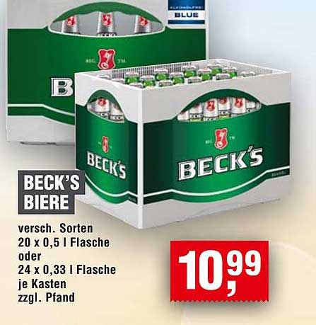 BECK'S BIERE versch. Sorten 20 x 0,5 l Flasche oder 24 x 0,33 l Flasche je Kasten zzgl. Pfand