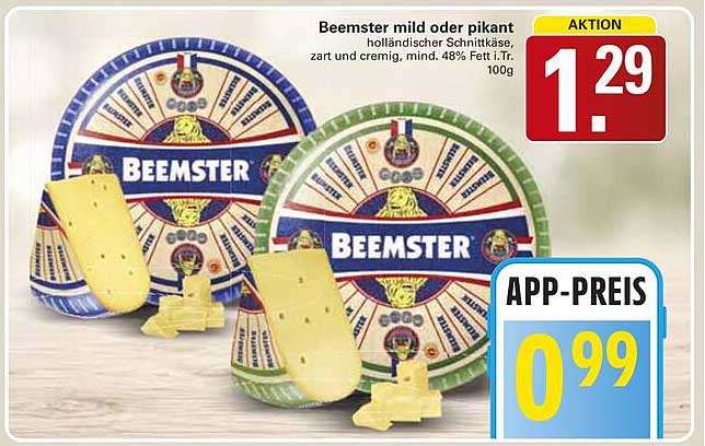Beemster mild oder pikant holländischer Schnittkäse, zart und cremig, mind. 48% F.i.Tr. 100g
