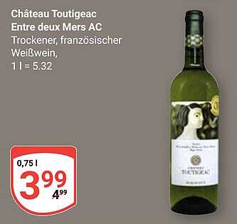 Château Toutigeac Entre deux Mers AC Trockener, französischer Weißwein, 1 l = 5.32