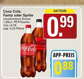 Coca Cola, Fanta oder Sprite verschiedene Sorten 1,25Ltr. PET-Flasche 1Ltr.=0,79 zzgl. 0.25 Pfand