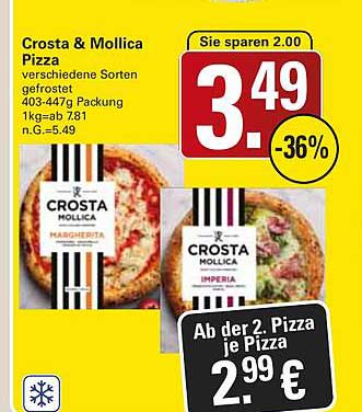 Crosta & Mollica Pizza verschiedene Sorten gefrostet 403-447g Packung 1kg=ab 7.81 n.G.=5.49