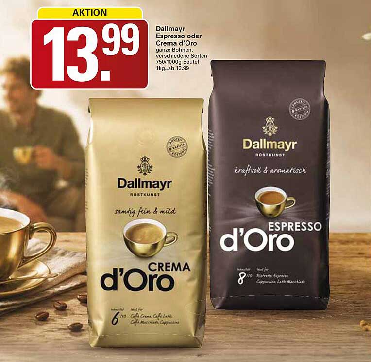 Dallmayr Espresso oder Crema d’Oro ganze Bohnen, verschiedene Sorten 750/1000g Beutel 1kg=ab 13.99