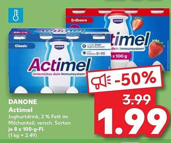 DANONE Actimel Joghurtdrink, 2 % Fett im Milchanteil, versch. Sorten je 8 x 100-g-Fl. (1 kg = 2,49)
