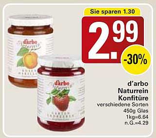 d'arbo Naturrein Konfitüre verschiedene Sorten 450g Glas