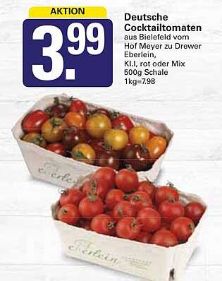 Deutsche Cocktailtomaten aus Bielefeld vom Hof Meyer zu Drewer Erbkeien, Kl. I, rot oder Mix 500g Schale 1kg=7,98