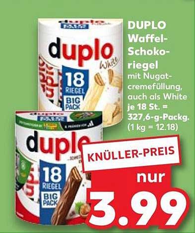 DUPLO Waffel-Schokoriegel mit Nugatcremefüllung, auch als White je 18 St. = 327,6-g-Pack. (1 kg = 12.18)