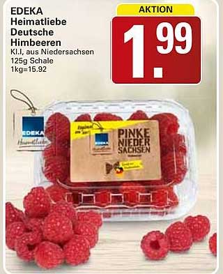 EDEKA Heimatliebe Deutsche Himbeeren Kl.I, aus Niedersachsen 125g Schale 1kg=15.92