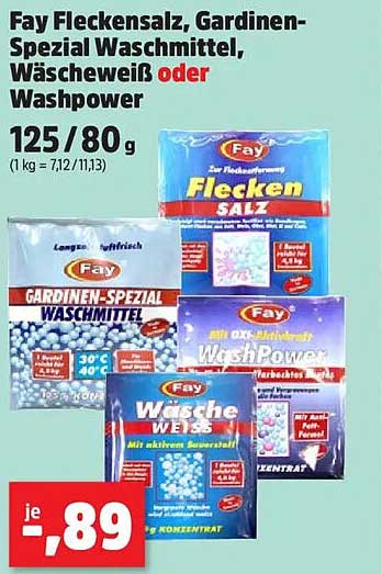 Fay Fleckensalz, Gardinen-Spezial Waschmittel, Wäscheweiß oder Washpower