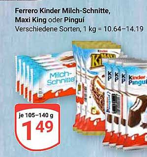 Ferrero Kinder Milch-Schnitte, Maxi King oder Pingui