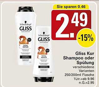 Gliss Kur Shampoo oder Spülung verschiedene Varianten 250/200ml Flasche 1Ltr.-ab 9,96 n.G.=2,95