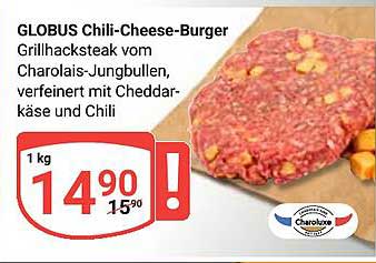 GLOBUS Chili-Cheese-Burger Grillhacksteak vom Charolais-Jungbullen, verfeinert mit Cheddar-Käse und Chili