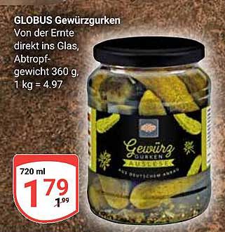 GLOBUS Gewürzgurken Von der Ernte direkt ins Glas, Abtropfgewicht 360 g, 1 kg = 4,97