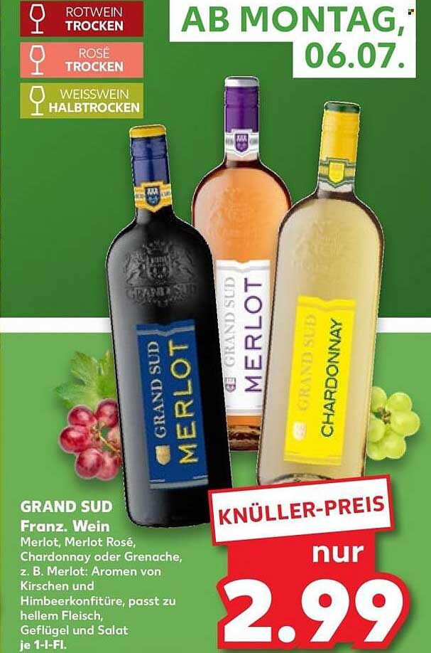 GRAND SUD Franz. Wein Merlot, Merlot Rosé, Chardonnay oder Grenache, z. B. Merlot: Aromen von Kirschen und Himbeerkonfitüre, passt zu hellem Fleisch, Geflügel und Salat je 1-l-Fl.