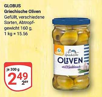 Griechische Oliven Gefüllt, verschiedene Sorten, Abtropfgewicht 160 g, 1 kg = 15.56