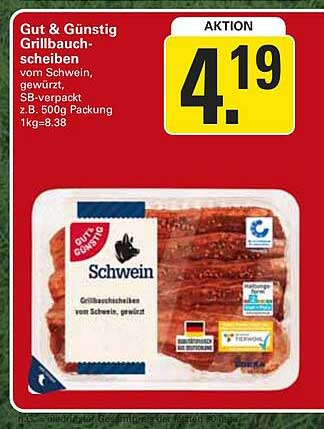 Gut & Günstig Grillbauchscheiben vom Schwein, gewürzt, SB-Verpackt z.B. 500g Packung 1kg=8.38