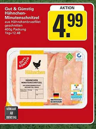 Gut & Günstig Hähnchen-Minutenschnitzel aus Hähnchenbrustfilet geschnitten 400g Packung 1kg=12.48