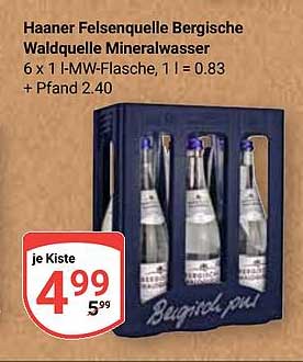 Haaner Felsenquelle Bergische Waldquelle Mineralwasser 6 x 1 l MW-Flasche, 1 l = 0.83 + Pfand 2.40