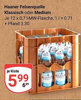 Haaner Felsenquelle Klassisch oder Medium Je 12 x 0,7 l - MW-Flasche, 1 l = 0,71 + Pfand 3.30