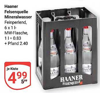 Haaner Felsenquelle Mineralwasser Feinperlend, 6 x 1 l, MW-Flasche, 1 l = 0.83 + Pfand 2.40