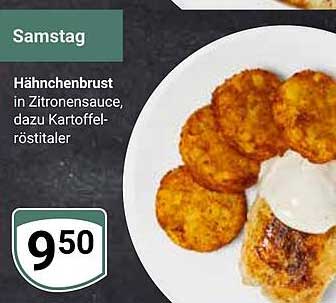 Hähnchenbrust in Zitronensauce, dazu Kartoffelröstitaler
