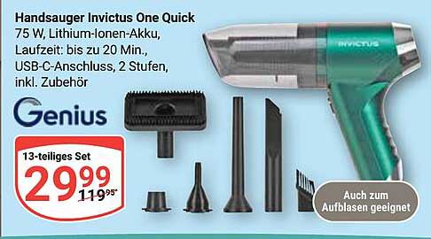 Handsauger Invictus One Quick 75 W, Lithium-Ionen-Akku, Laufzeit: bis zu 20 Min., USB-C-Anschluss, 2 Stufen, inkl. Zubehör