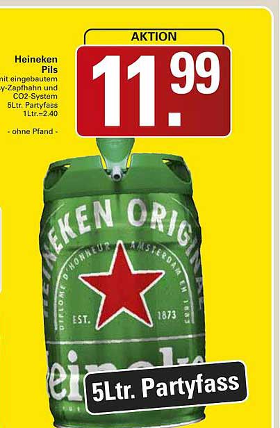 Heineken Pils mit eingebautem Heineken-Party-Zapfhahn und CO2-System 5Ltr. Partyfass 1Ltr.=2.40 - ohne Pfand -