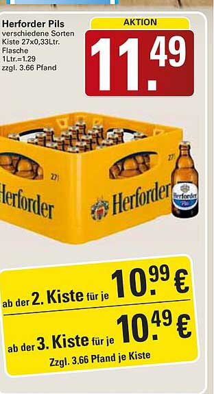 Herforder Pils verschiedene Sorten Kiste 27x0,33Ltr. Flasche 1Ltr.=1.29 zzgl. 3.66 Pfand