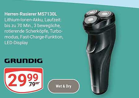 Herren-Rasierer MS7130L Lithium-Ionen-Akku, Laufzeit: bis zu 70 Min., 3 bewegliche, rotierende Scherköpfe, Turbo-modus, Fast-Charge-Funktion, LED-Display