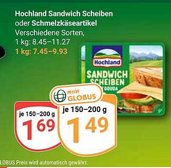 Hochland Sandwich Scheiben oder Schmelzkäseartikel