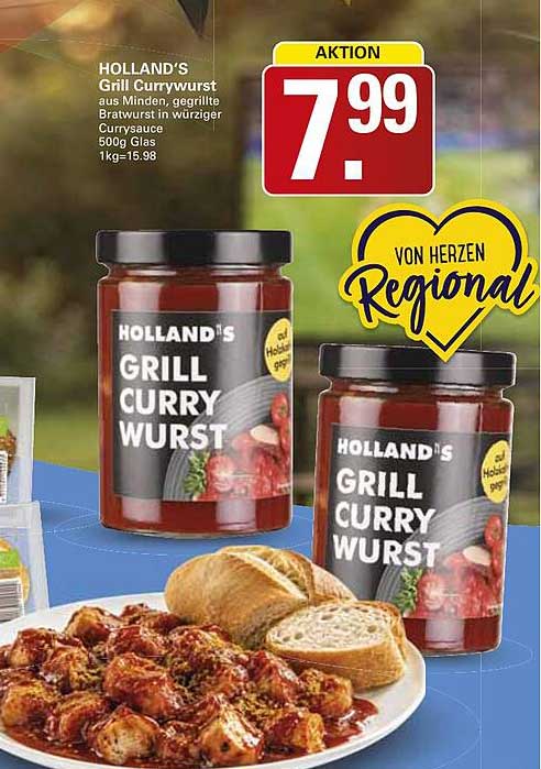 HOLLAND'S Grill Currywurst aus Minden, gegrillte Bratwurst in würziger Currysauce 500g Glas 1kg=15.98