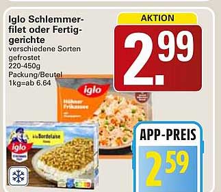 Iglo Schlemmerfilet oder Fertiggerichte verschiedene Sorten tiefgefroren 220-450g Packung/Beutel 1kg=ab 6,64